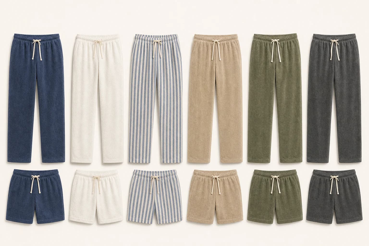 Towel Trousers in six faded Pima cotton colorways, shown Long and Short